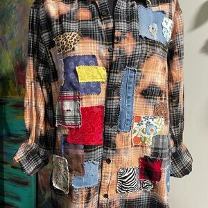 Upcycled Bleached Flannel Shirt Denim Vintage Fabric Patchwork